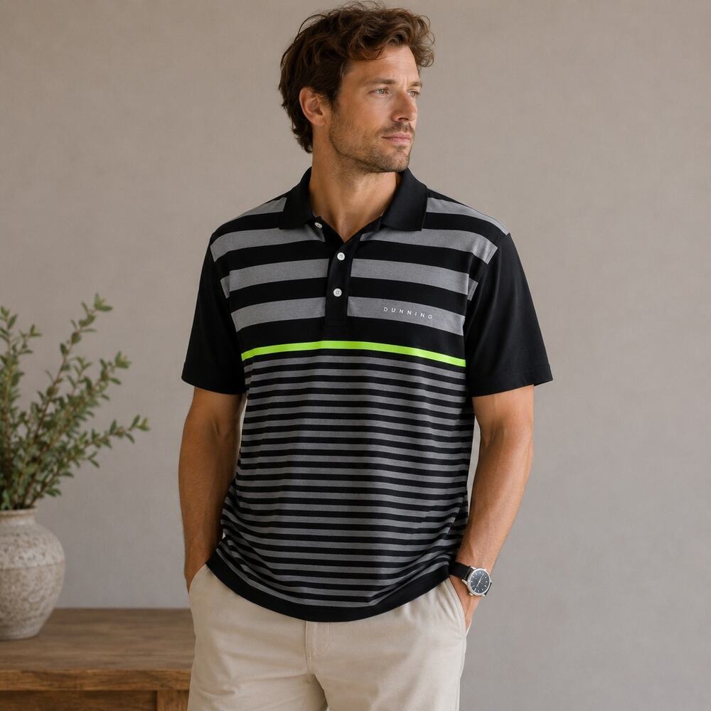 Dunning Golf Black Gray Stripe Short Sleeve Knit Polo Shirt XL